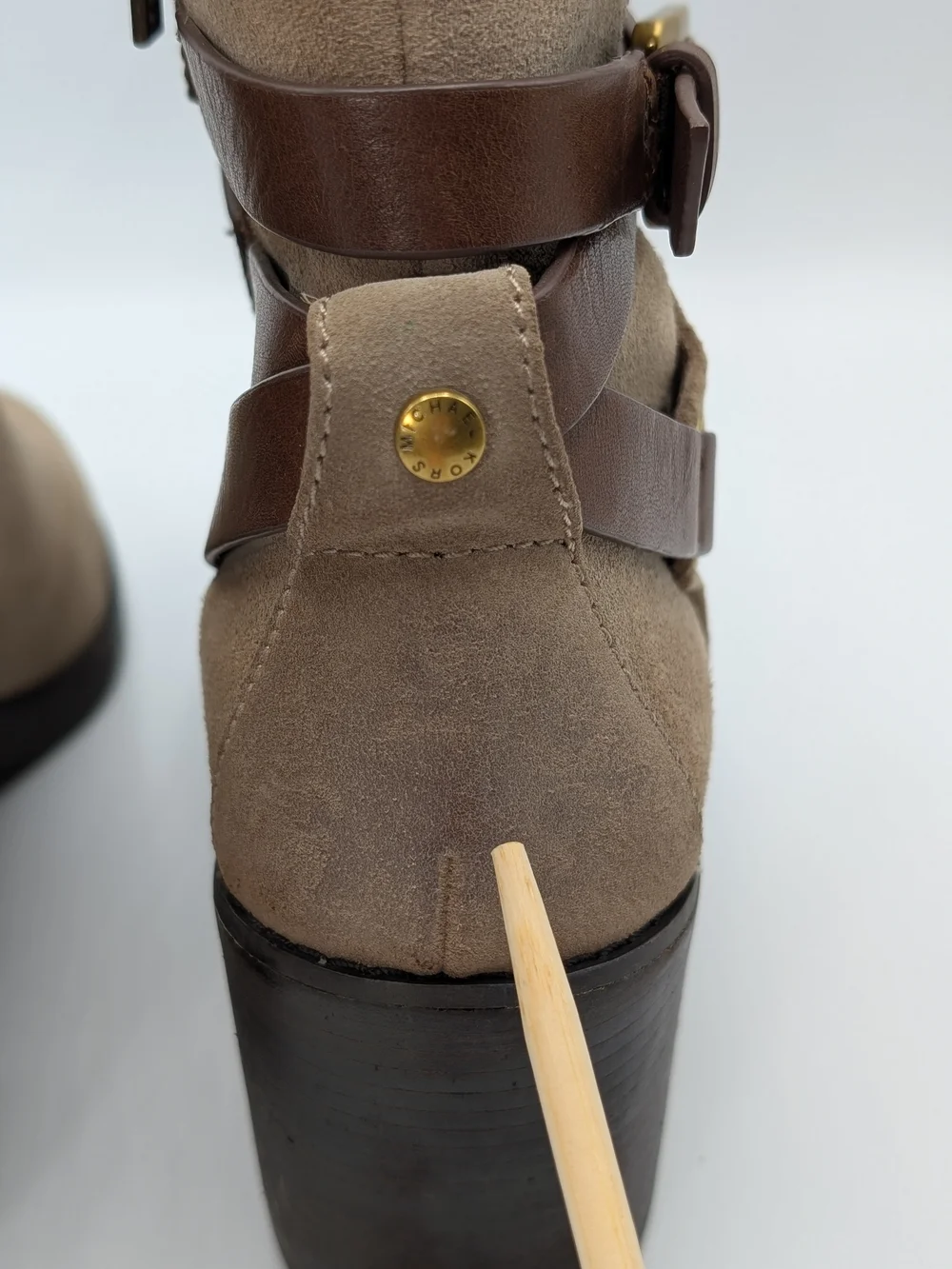 Michael Kors Women 8 Taupe Suede Ankle Boots Brown Leather Straps Block Heel